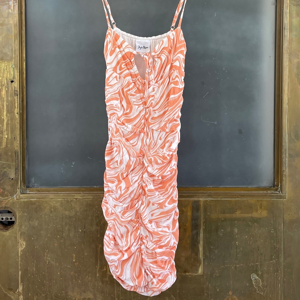 Sky to Moon Orange Swirl Ruched Mini pink Orange Mesh Dress Cutout Tie Front